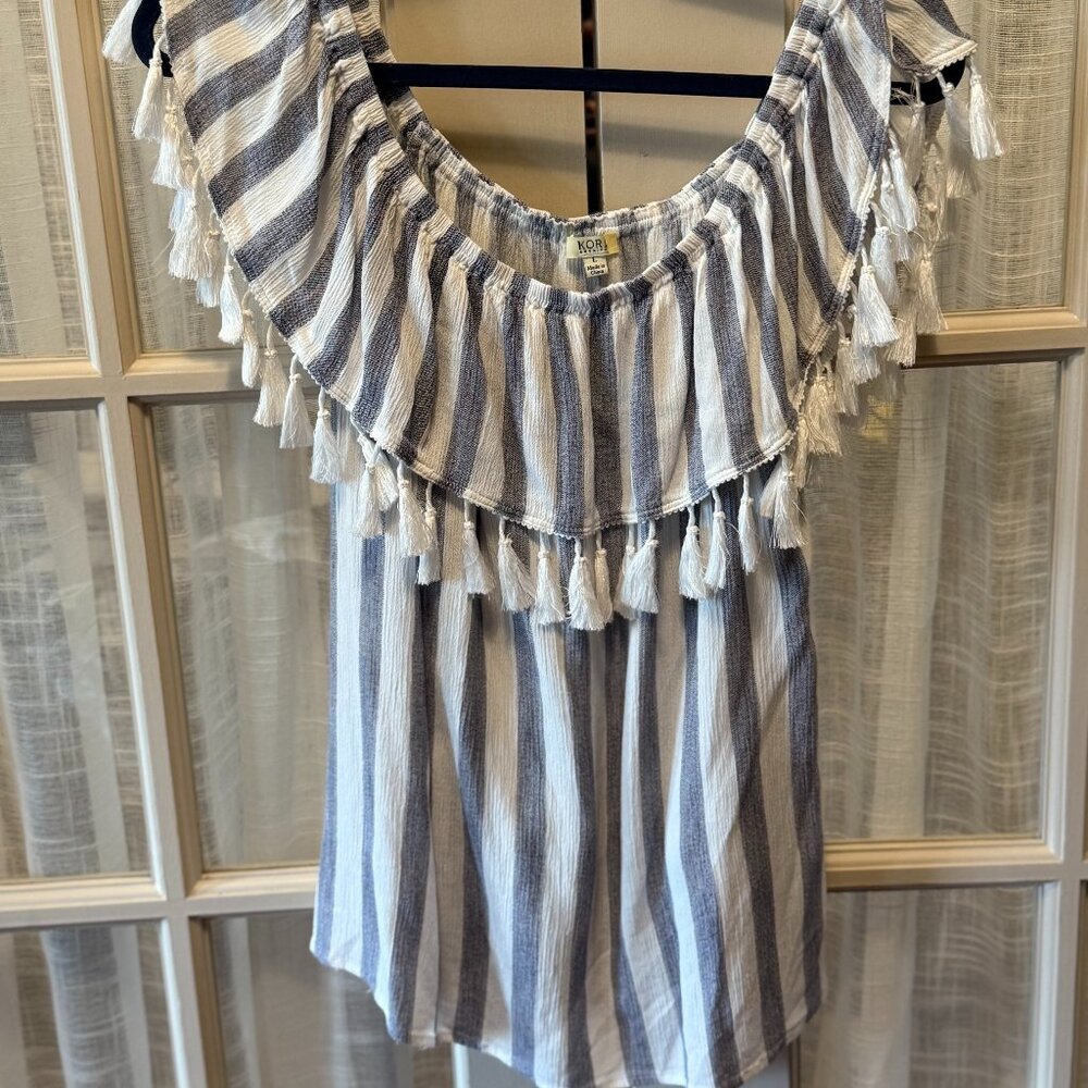 Kori America Striped Off-the-Shoulder Tassel Top